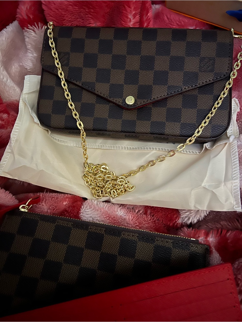 Brown Checkered Crossbody Bag with Gold Chain Strap